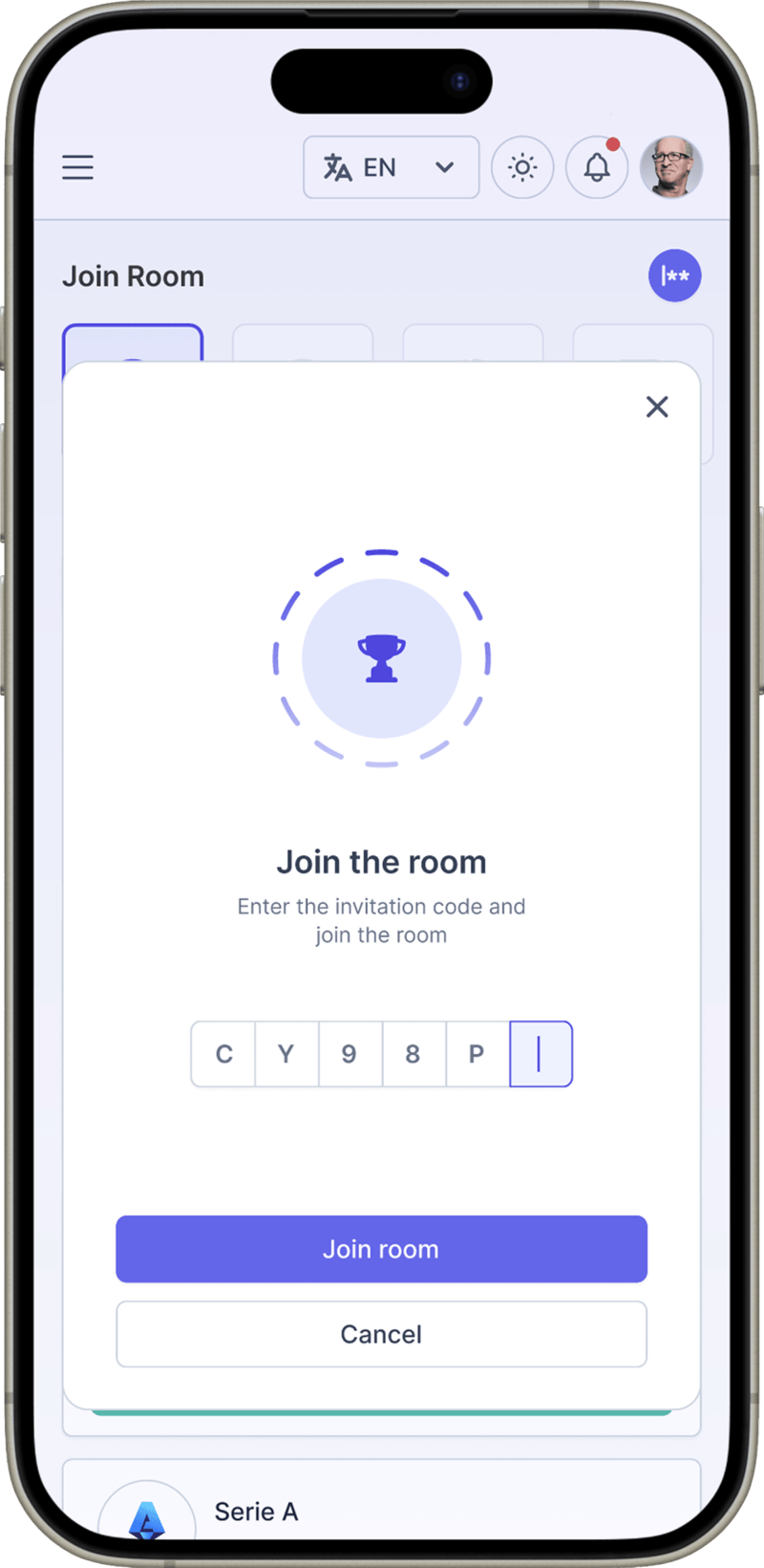 ChampionMATES join room with an invite code mobile page