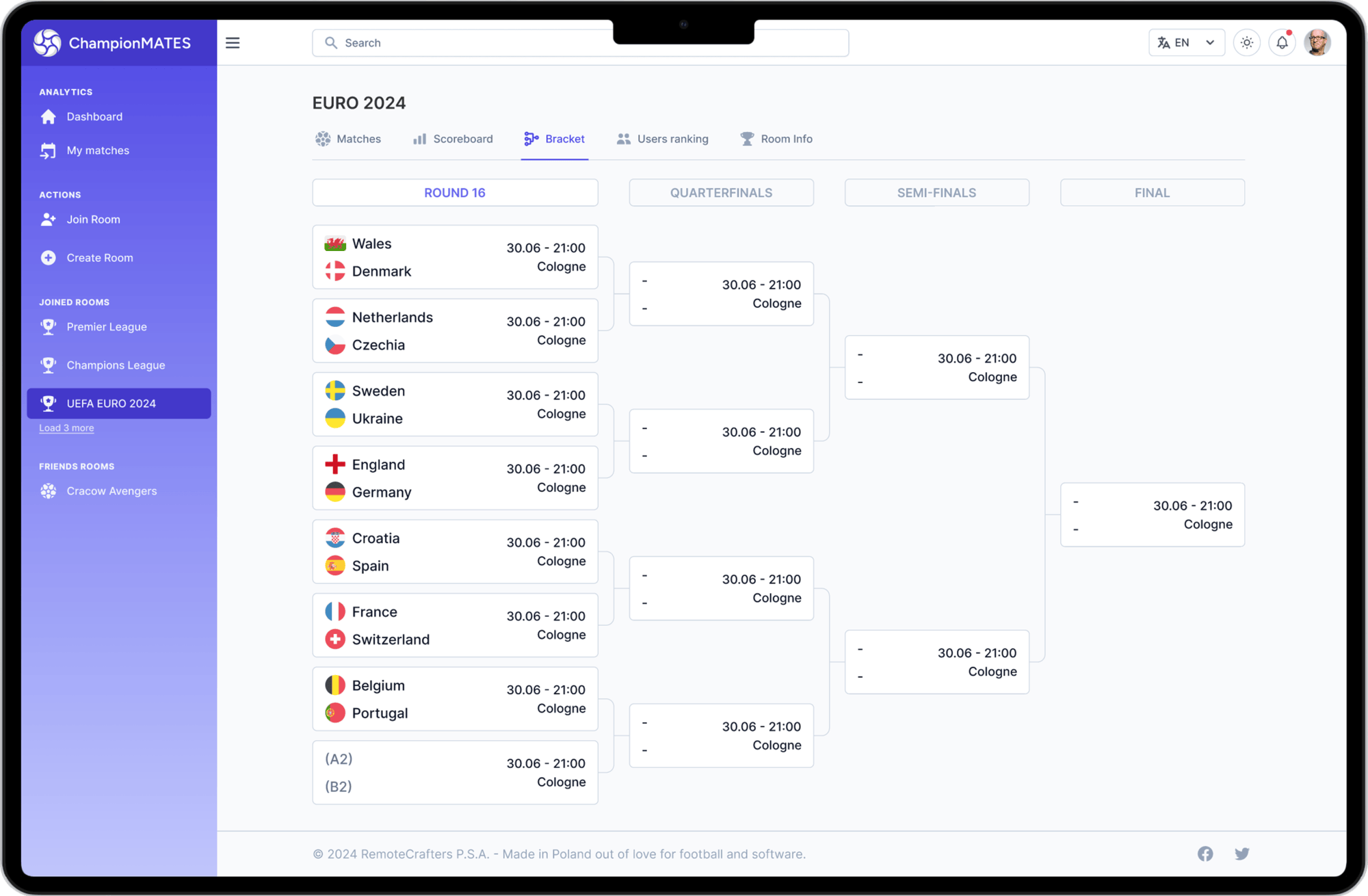 ChampionMATES desktop view of the room bracket