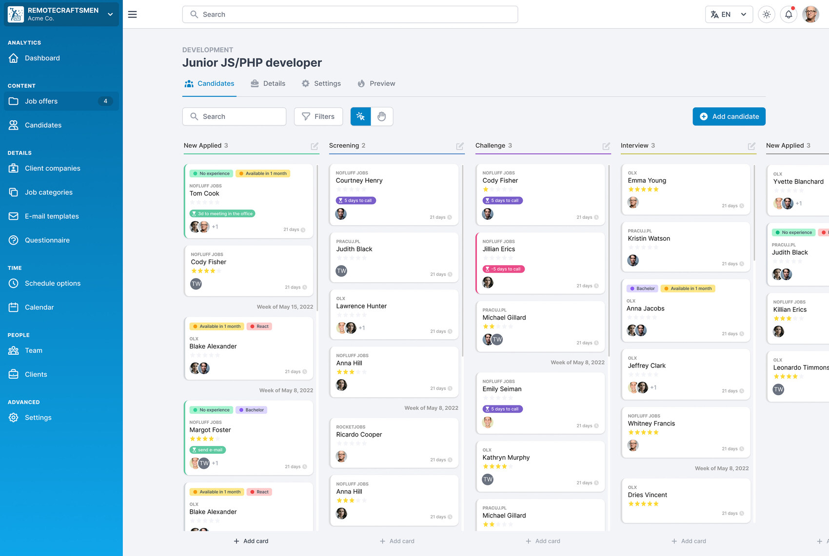 RecruitRocket job offer kanban view