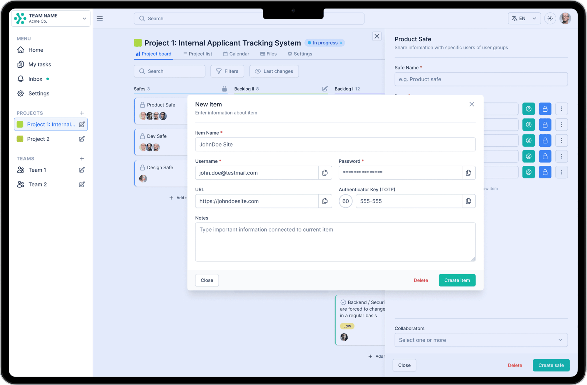 Projectlify desktop view of the create safe item dialog