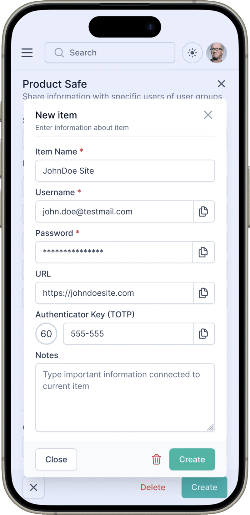 Projectlify mobile view of the create safe item dialog