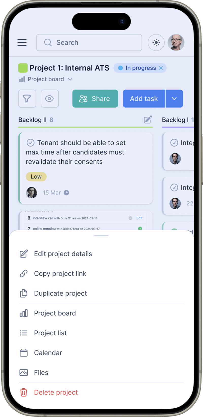 Mobile view of the Projectlify project edit menu