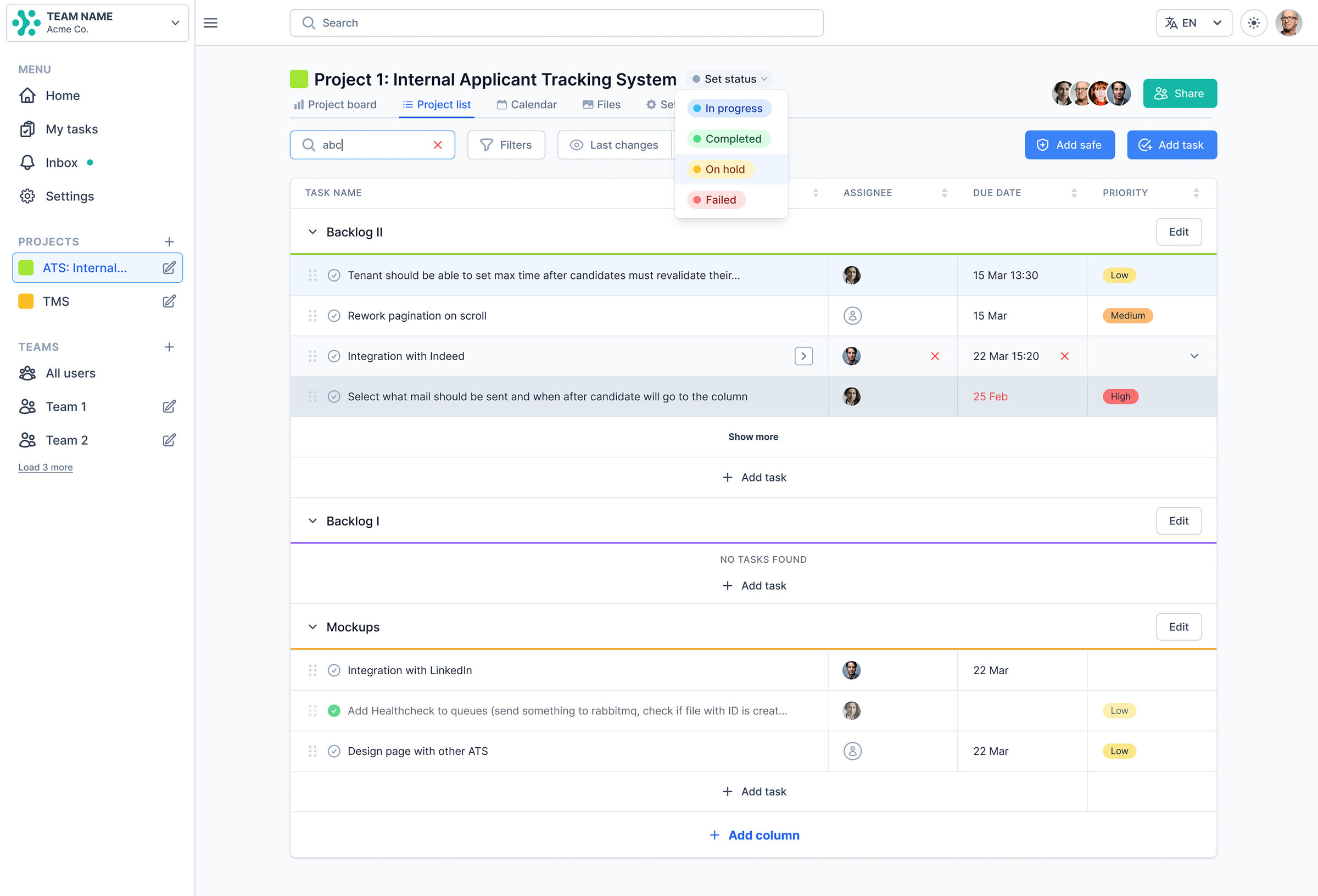 Projectlify project task list view