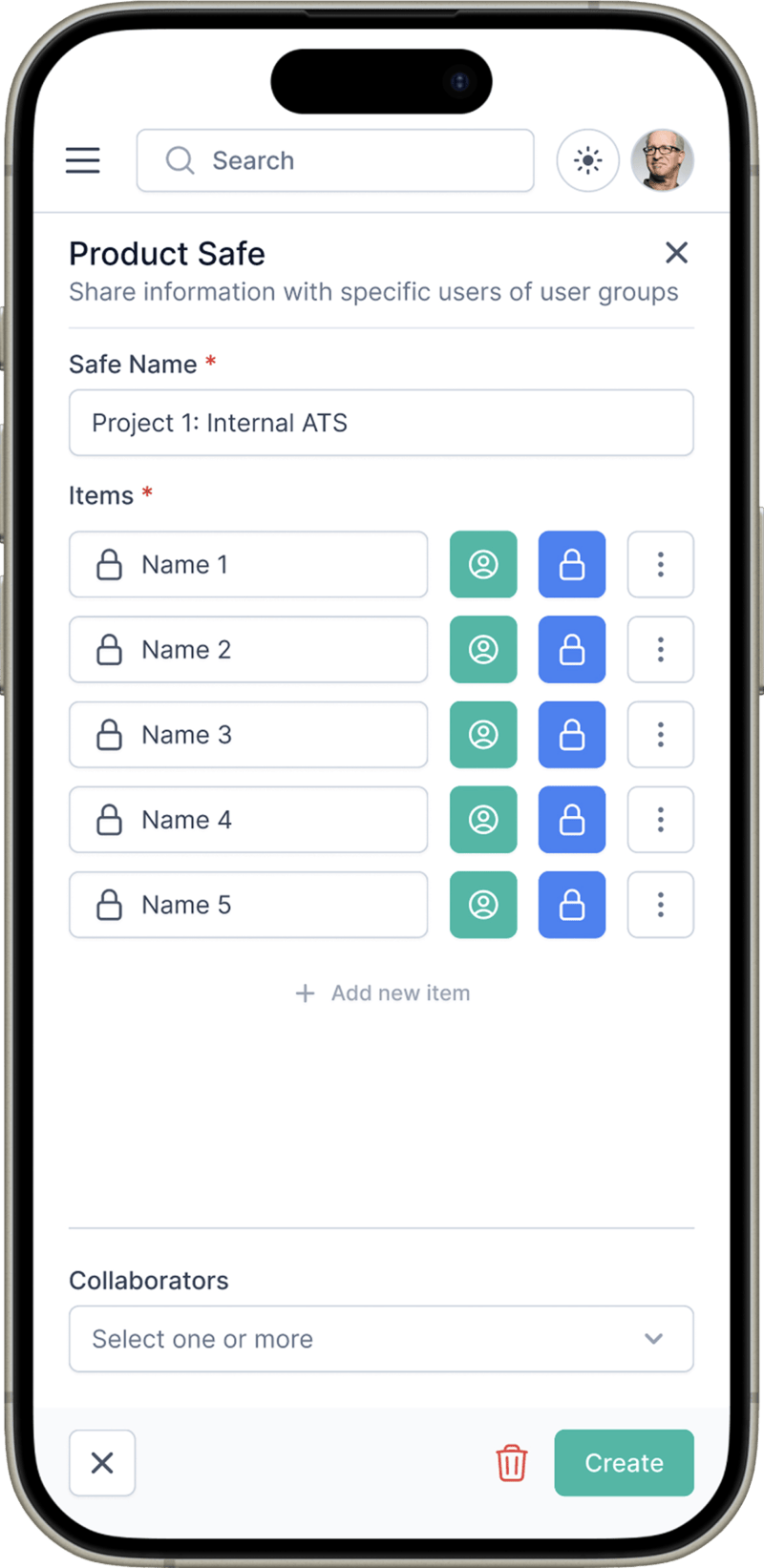 Mobile view of the Projectlify safe items list