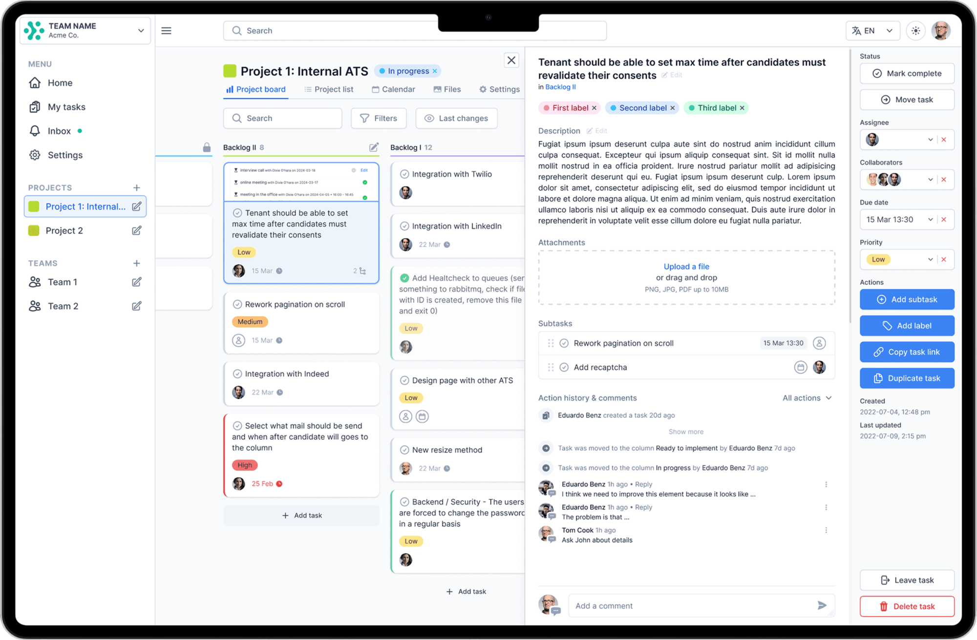 Projectlify desktop view of the task drawer