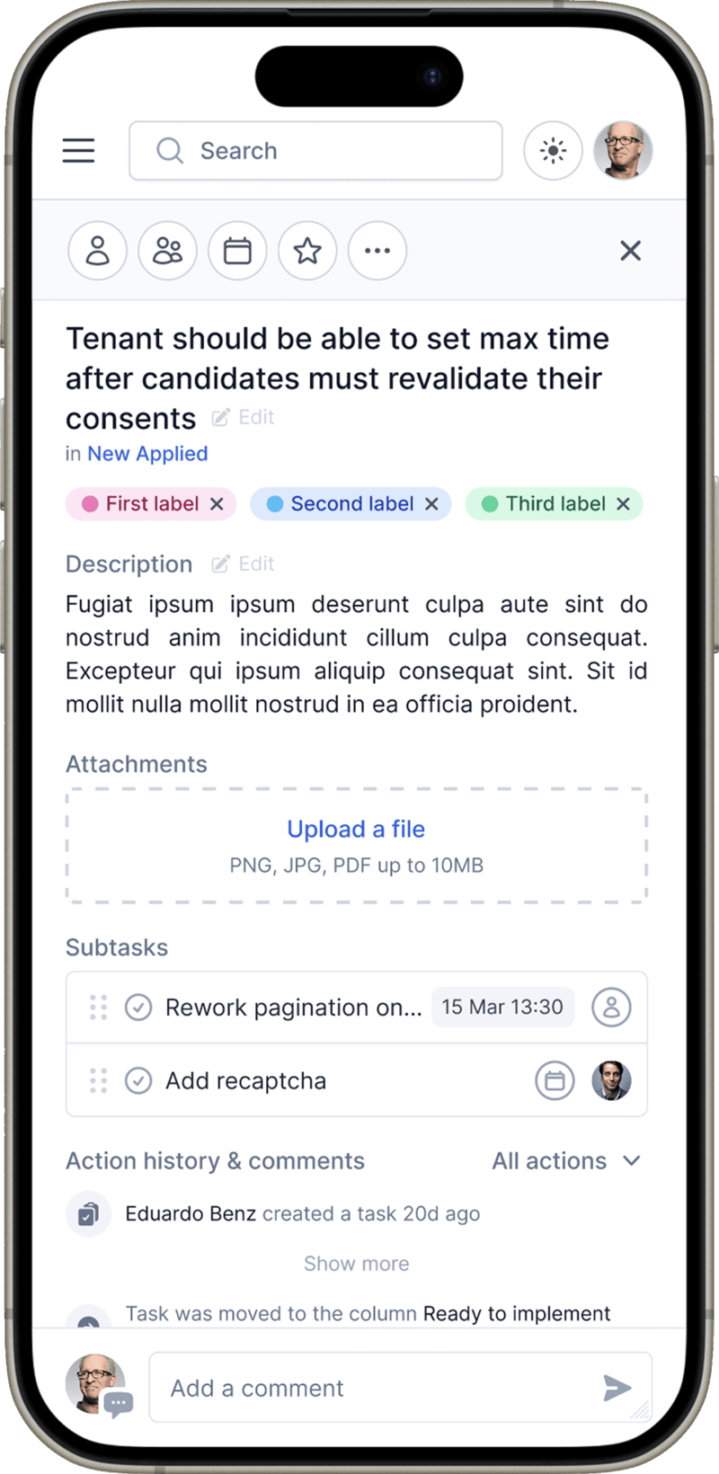 Projectlify mobile view of the task drawer