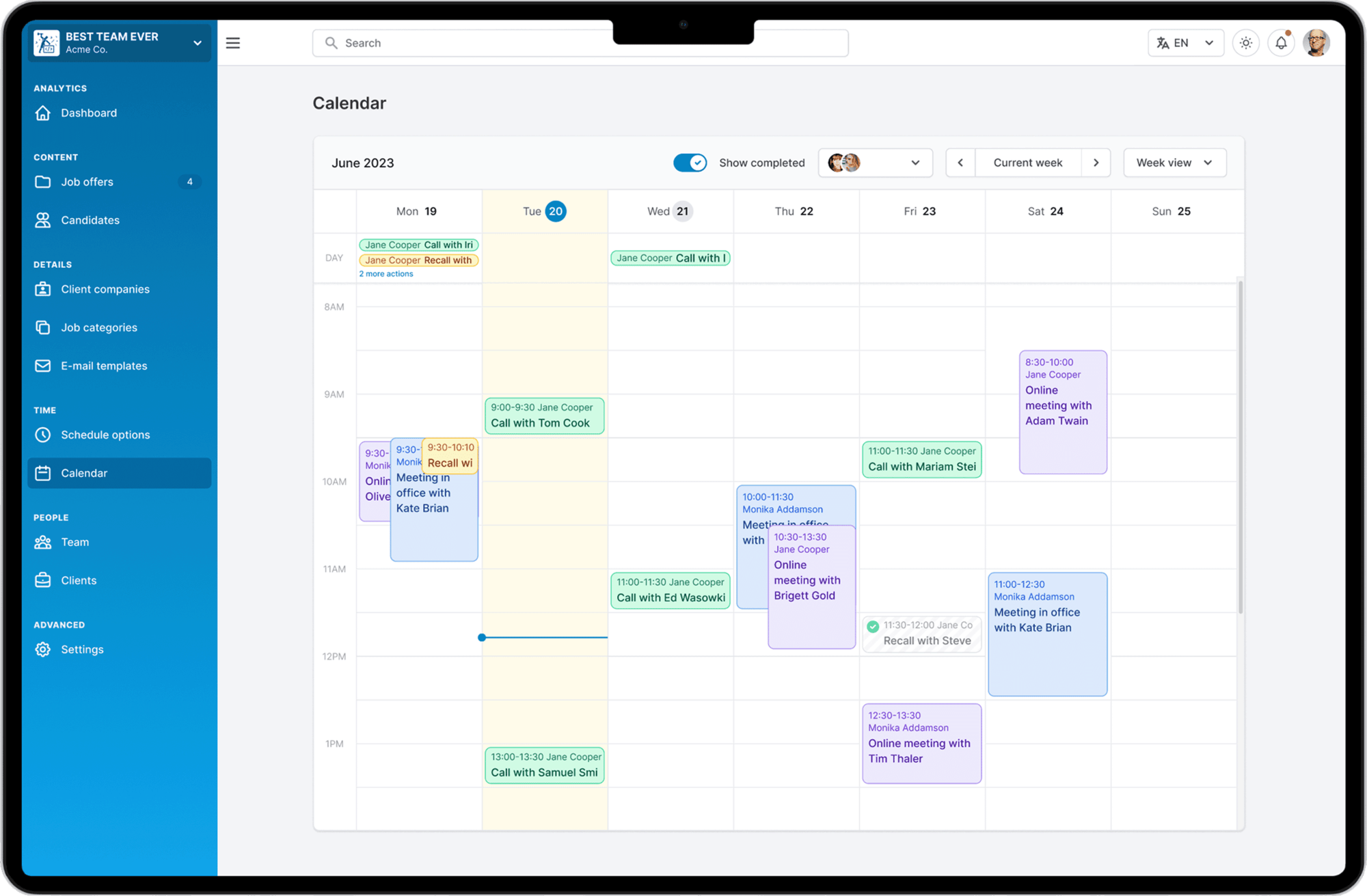 RecruitRocket desktop view of the company calendar