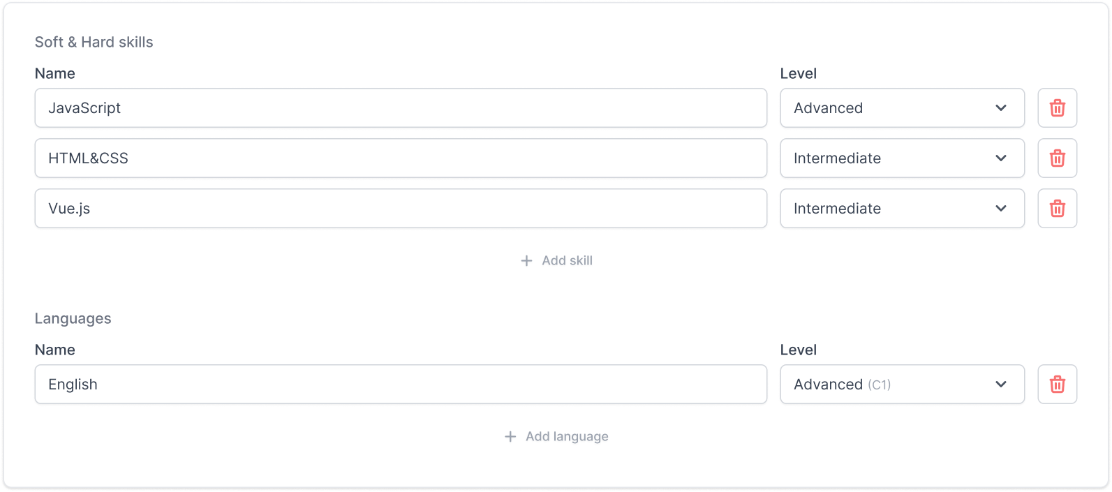 RecruitRocket list of candidate's skills and languages