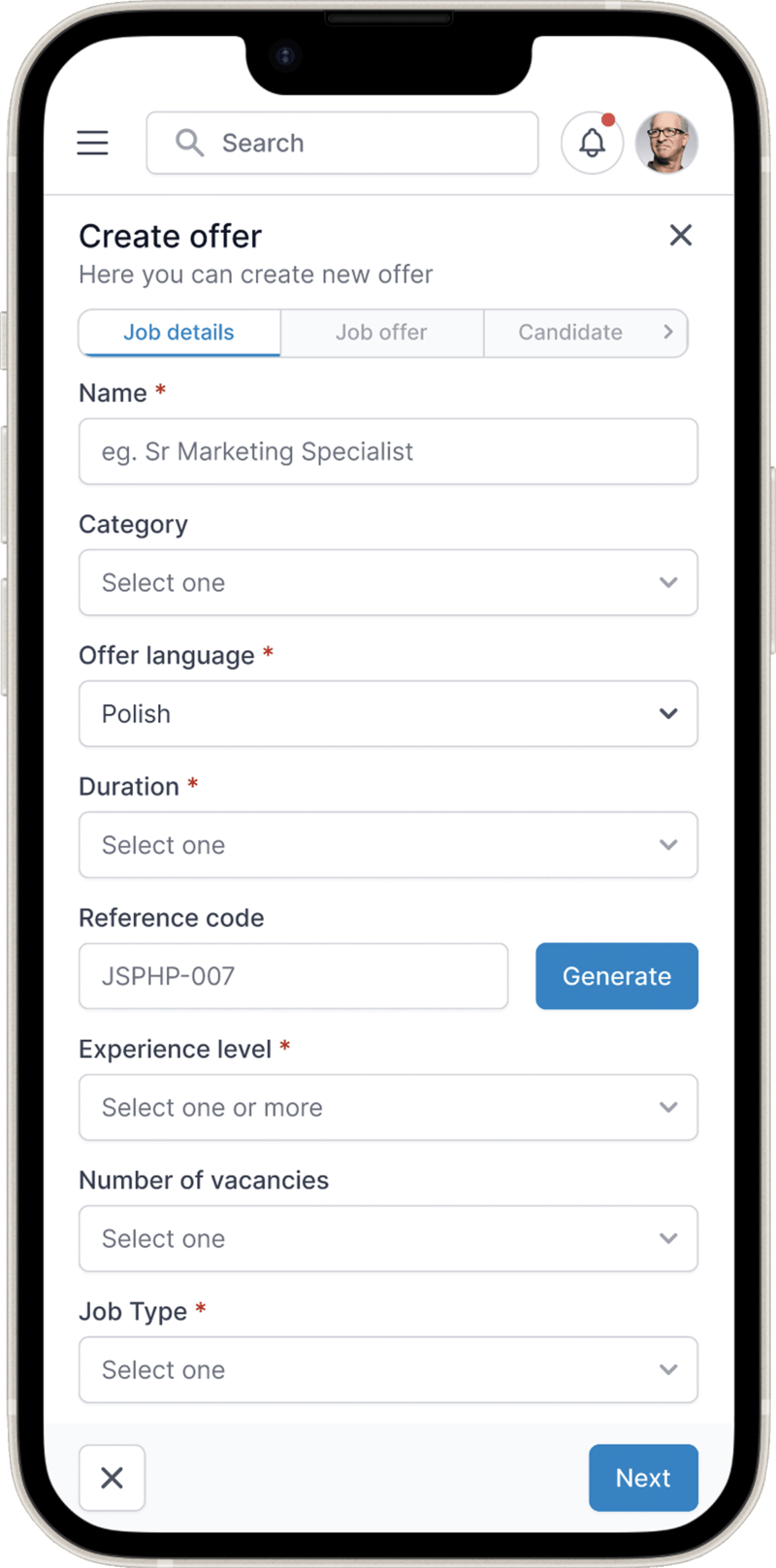 RecruitRocket mobile view of the job offer edit drawer