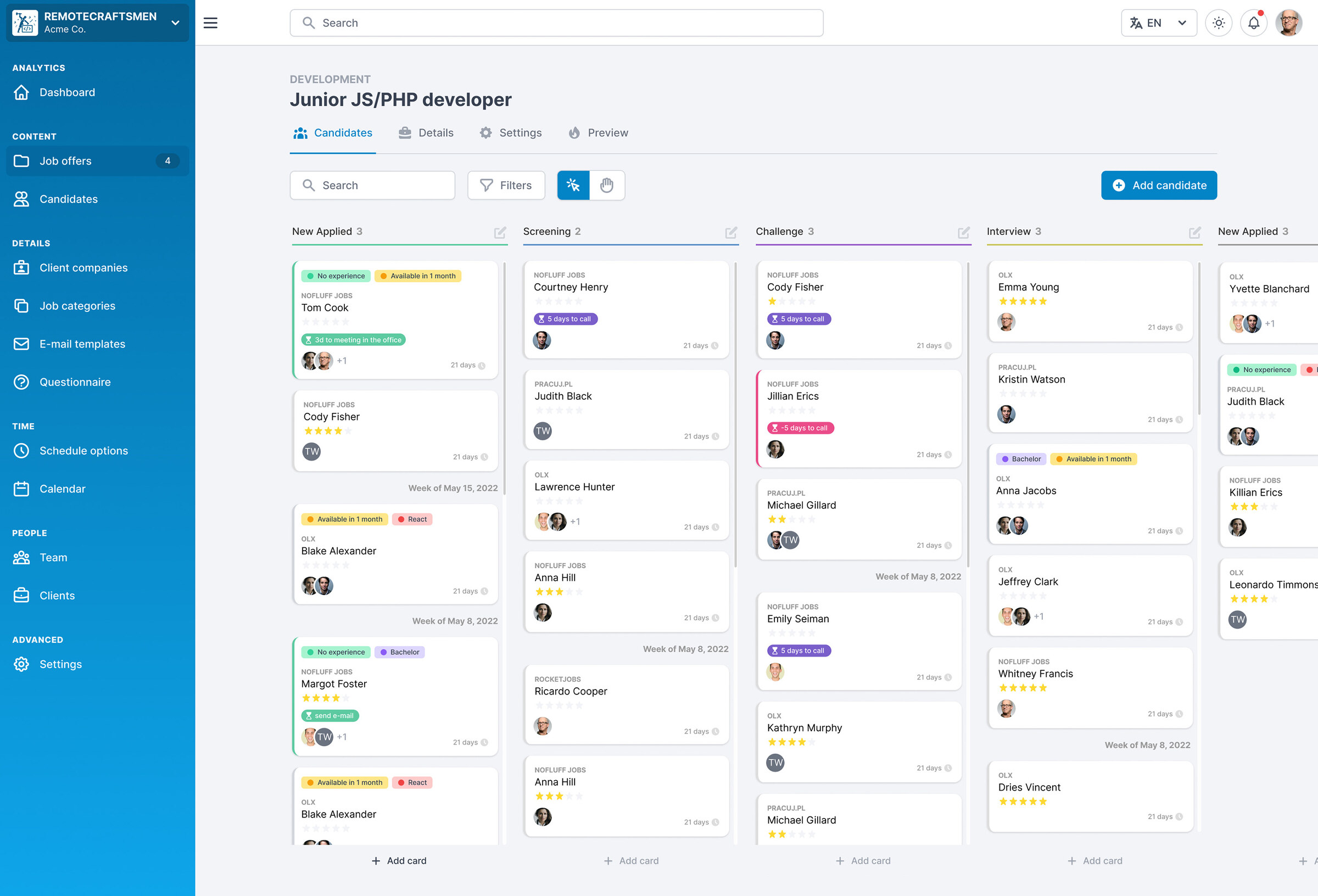 RecruitRocket job offer kanban view