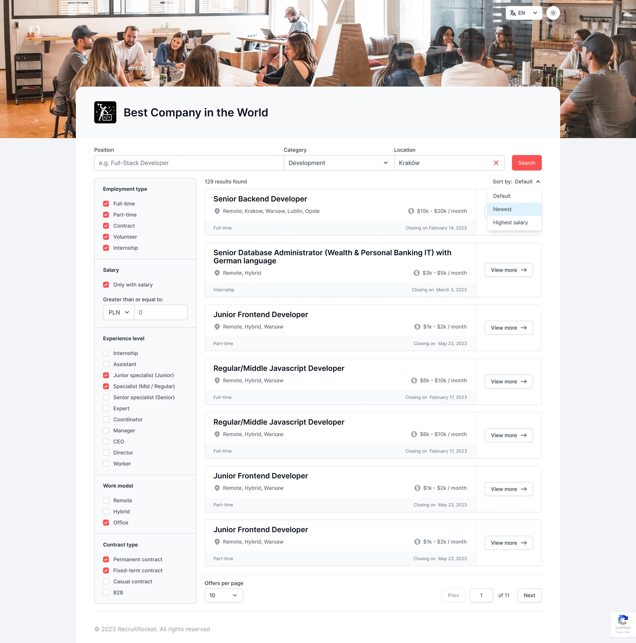 Screenshot of the RecruitRocket offer listing page available for the candidates to visit