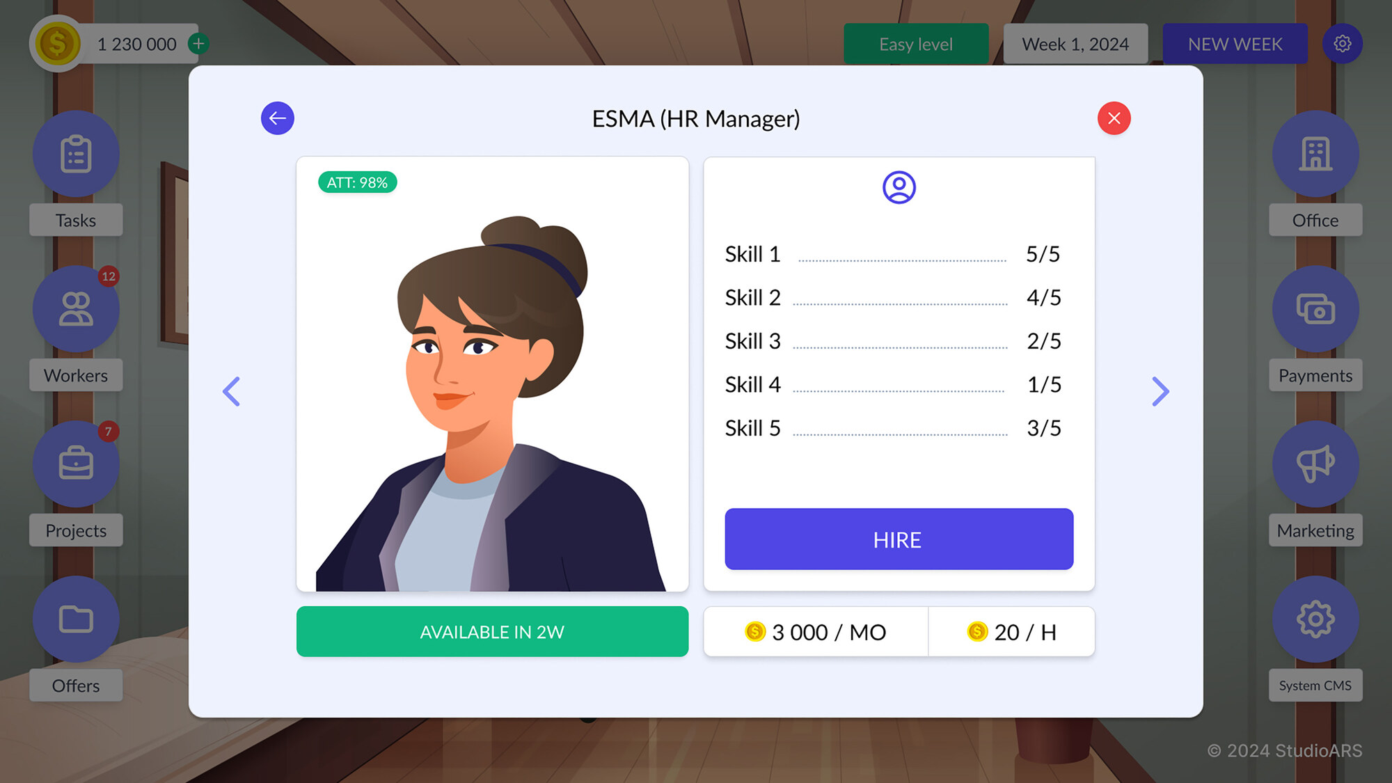 Screenshot of the hire worker modal